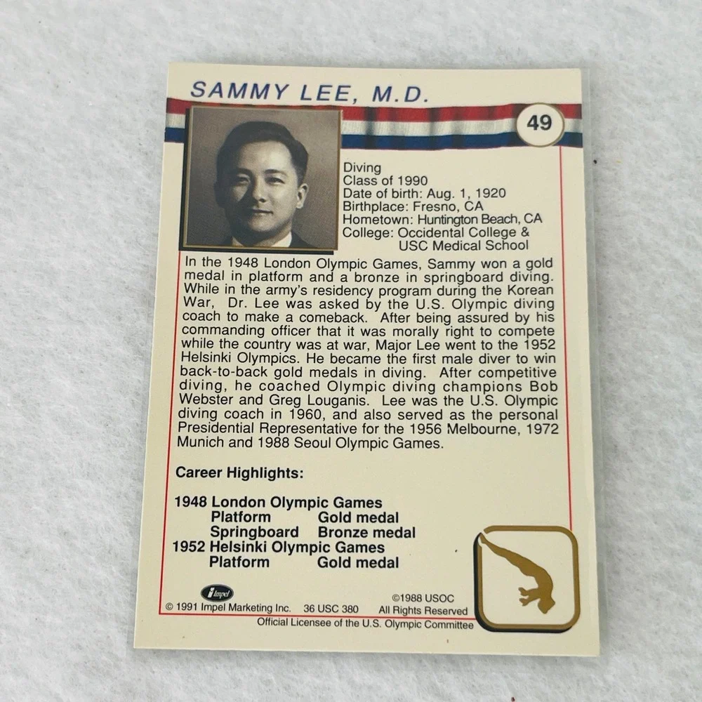 1991 Impel US Olympic Hall of Fame Sammy Lee Diving Card #49 Gold Medalist